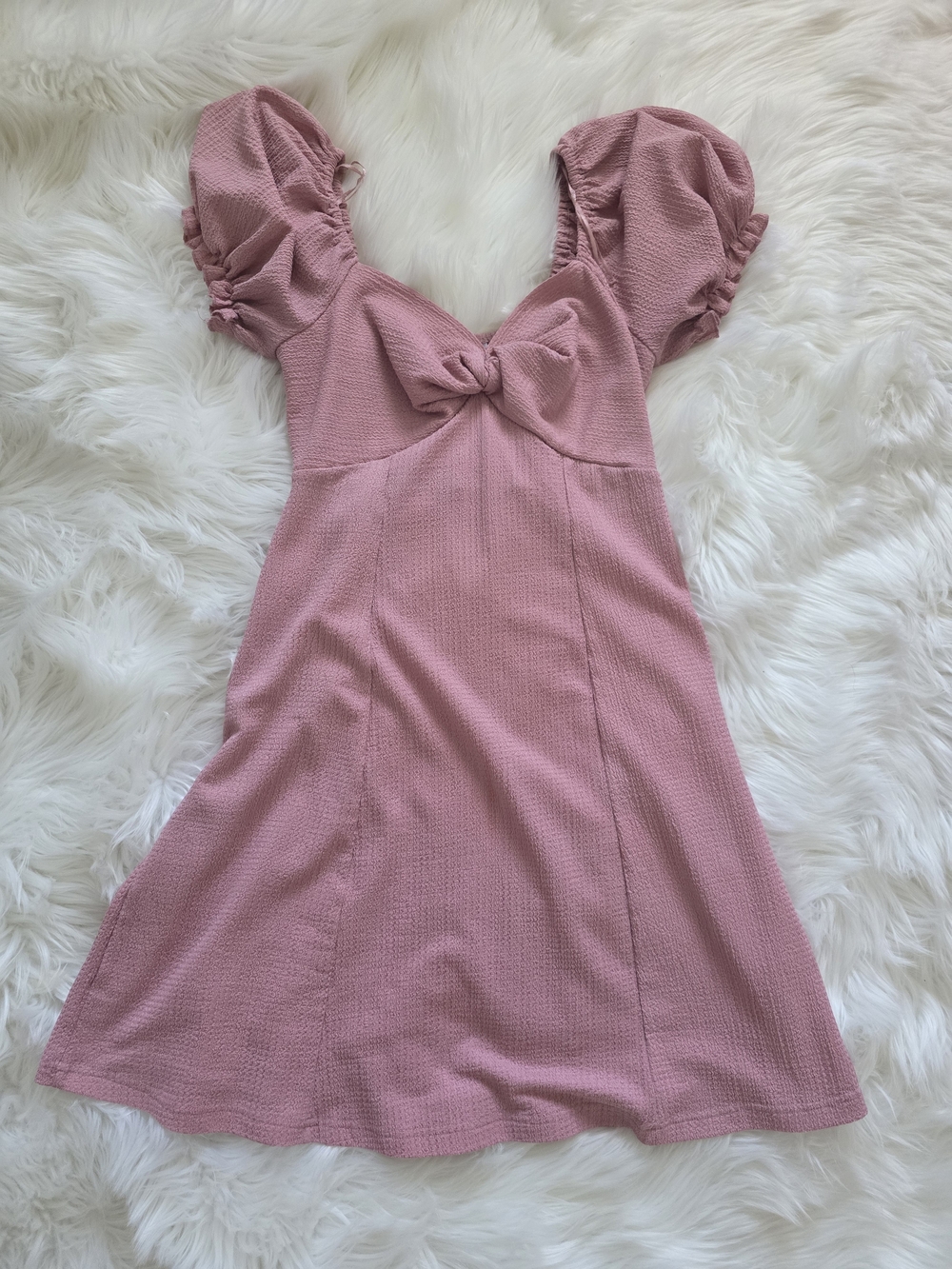 Pink Puff-Sleeve Tie-Front Mini Dress